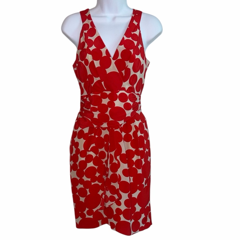 YOANA BARASCHI Silk Polka Dot Dress Sleeveless Fitted V-Neck Pleated Ruffle Red